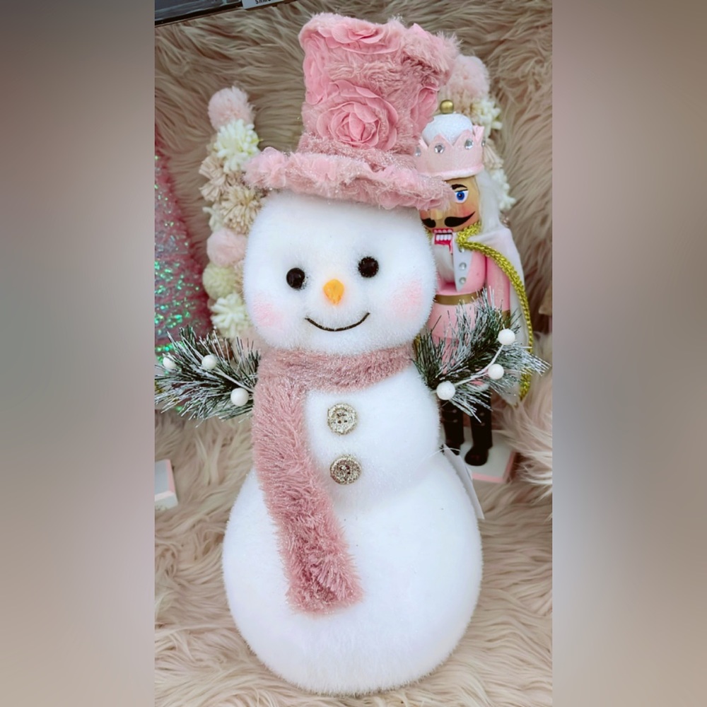 Pink Glittery flocked Christmas snowman